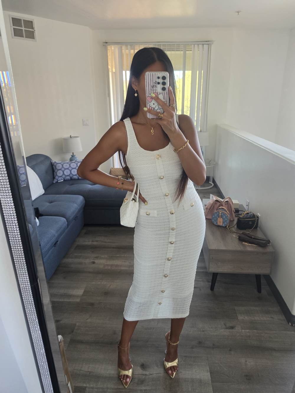 Classic White Button-Front Tweed Midi Dress - Picture 10 of 16